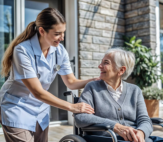 Happy elderly client receiving trusted in home care from professional caregiver