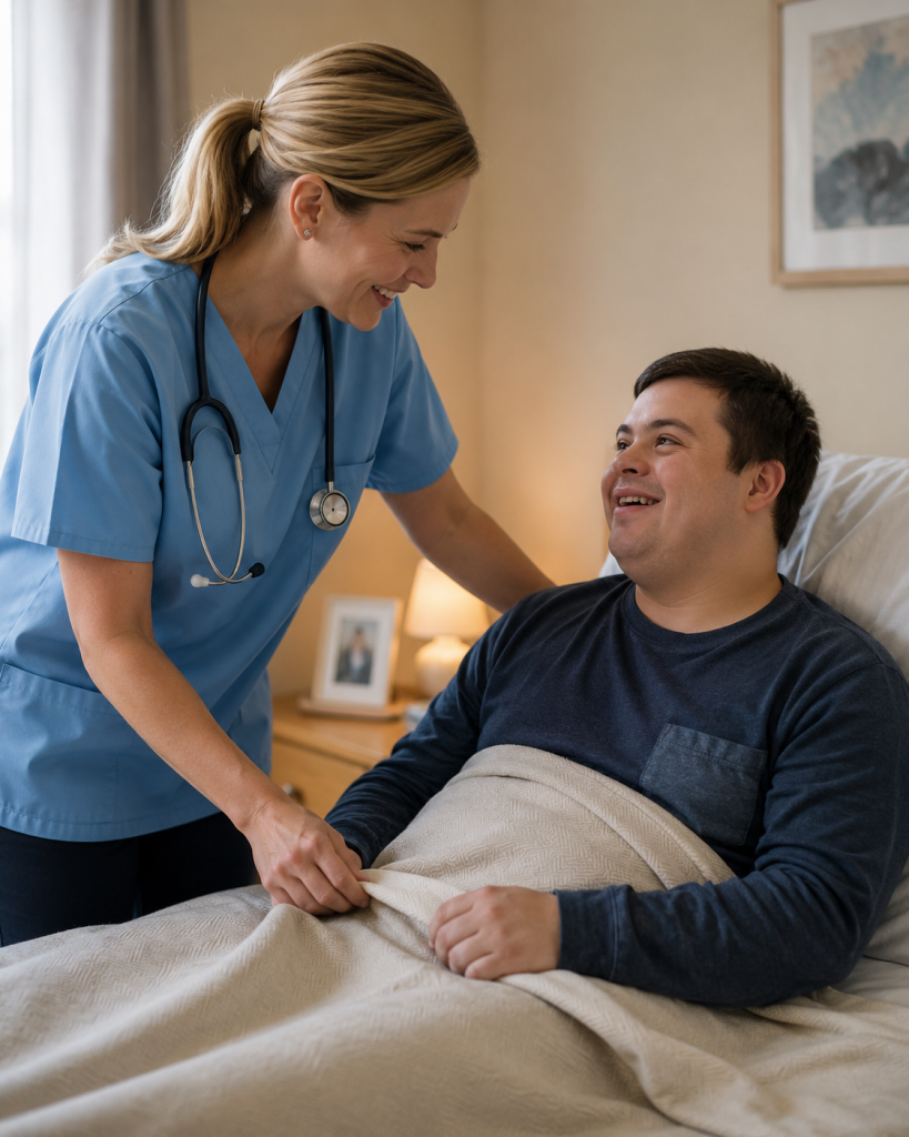 Caregiver providing compassionate bedside residential care support to a disabled individual in a comfortable and safe care environment