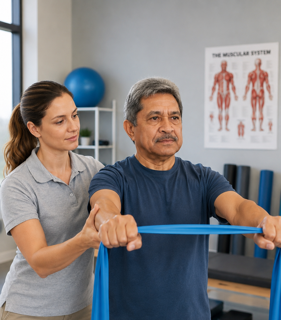 Physical therapist assisting patient with resistance band exercise in rehabilitation clinic